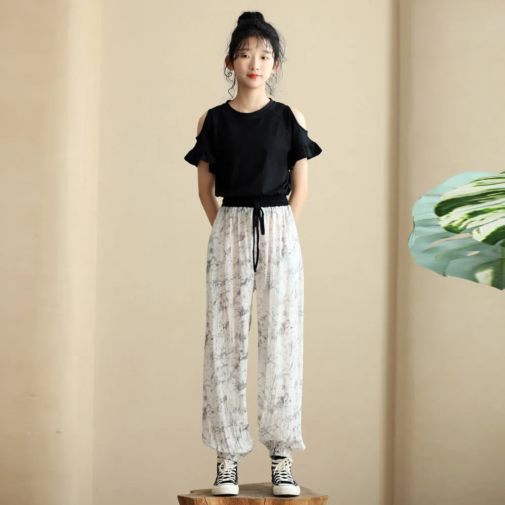 水墨雪纺裤/ 露肩上衣 Painting Cuff Pants/ Shoulder Cut-Out Tops