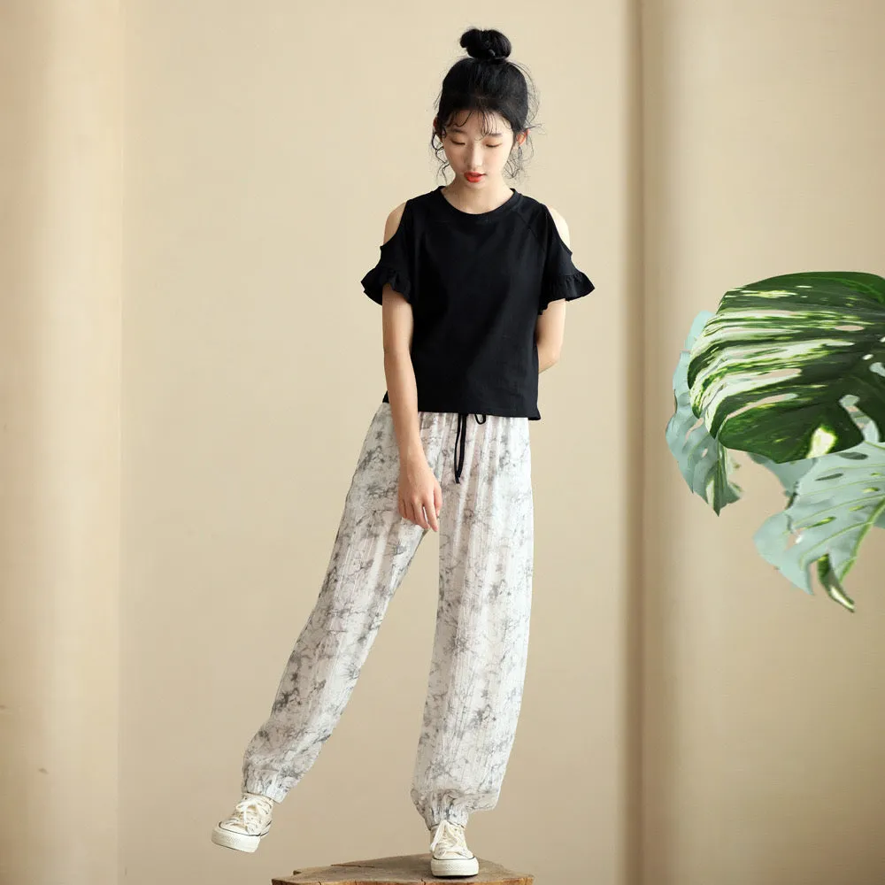 水墨雪纺裤/ 露肩上衣 Painting Cuff Pants/ Shoulder Cut-Out Tops