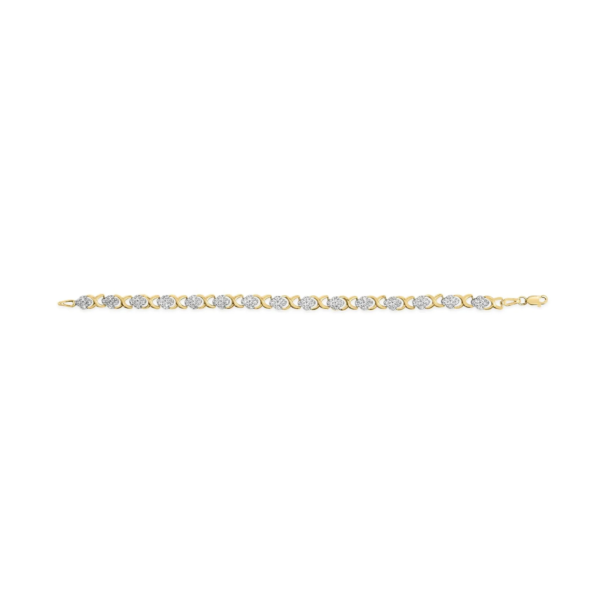 10K Yellow Gold 1.00 Cttw Diamond 5 Stone Floral Cluster and "X" Link 7" Bracelet (I-J Color, I3 Clarity)