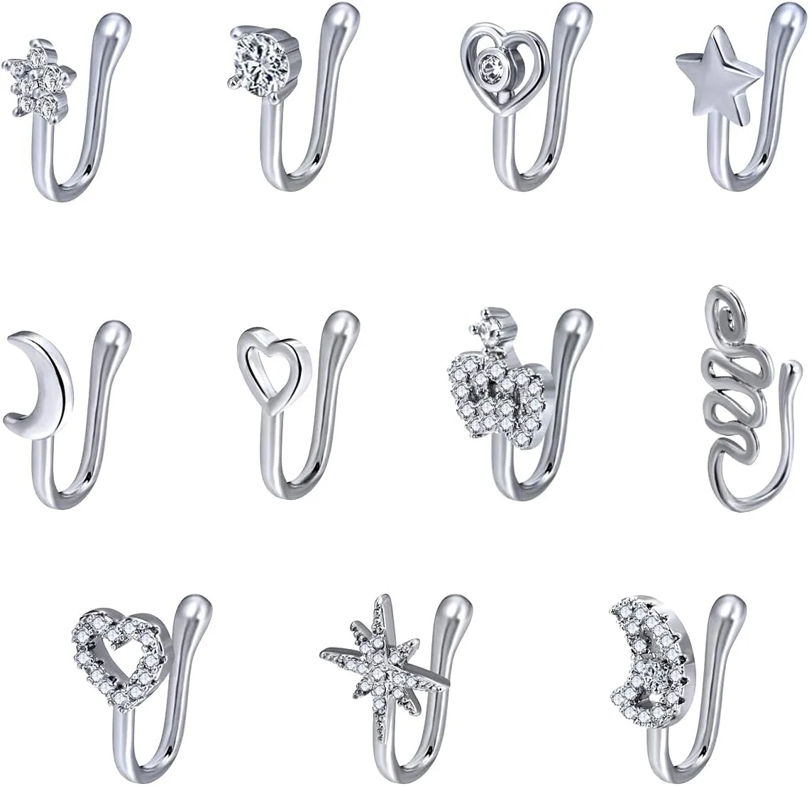 11 Pcs Nose Clips Multi-Style Fake Noses Rings for Women and Men Nose Ring Clip Copper Non-Piercing Crystal Accents Non Pierced Nose Jewelry