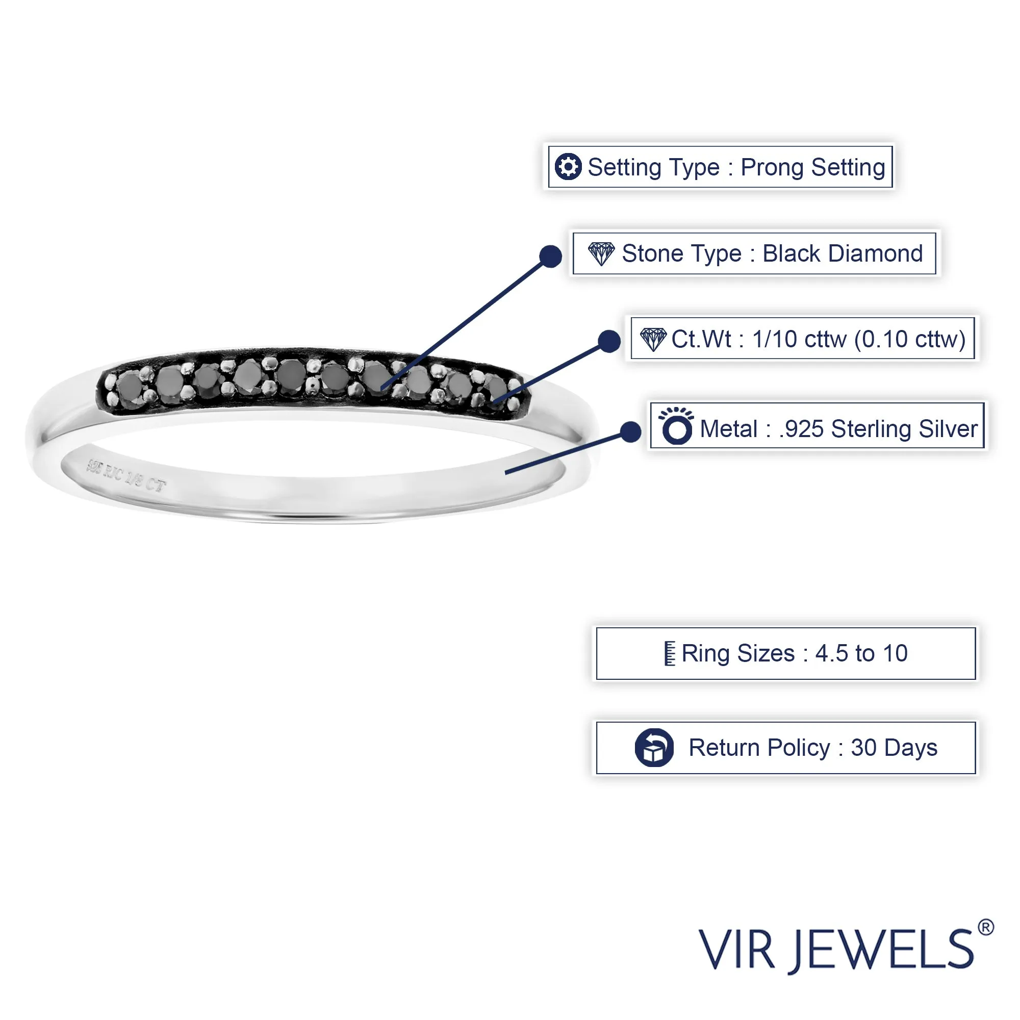 1/10 cttw Ten Black Diamond Band in .925 Sterling Silver