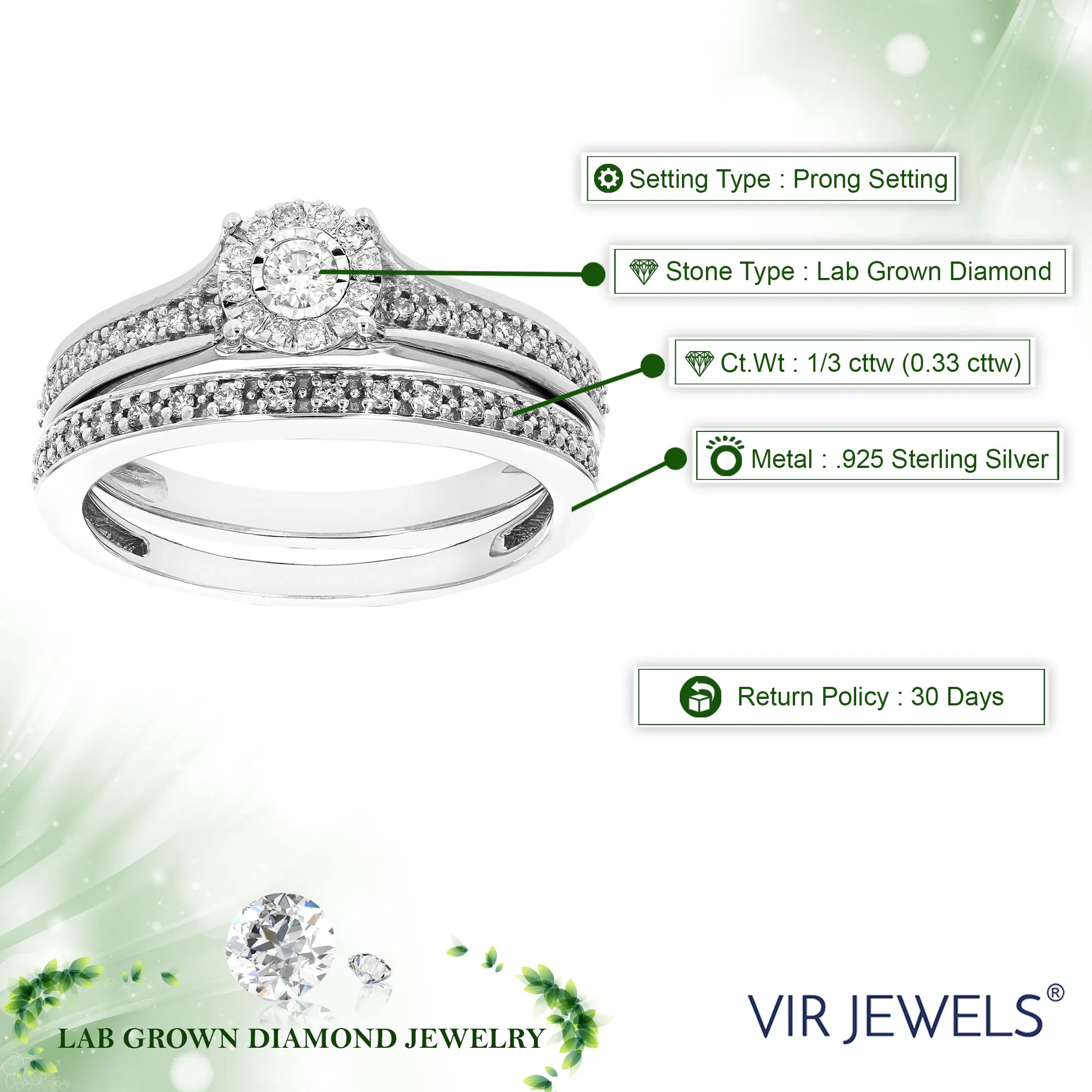 1/3 cttw Lab Grown Diamond Spilt Shank Bridal Ring Set in Silver