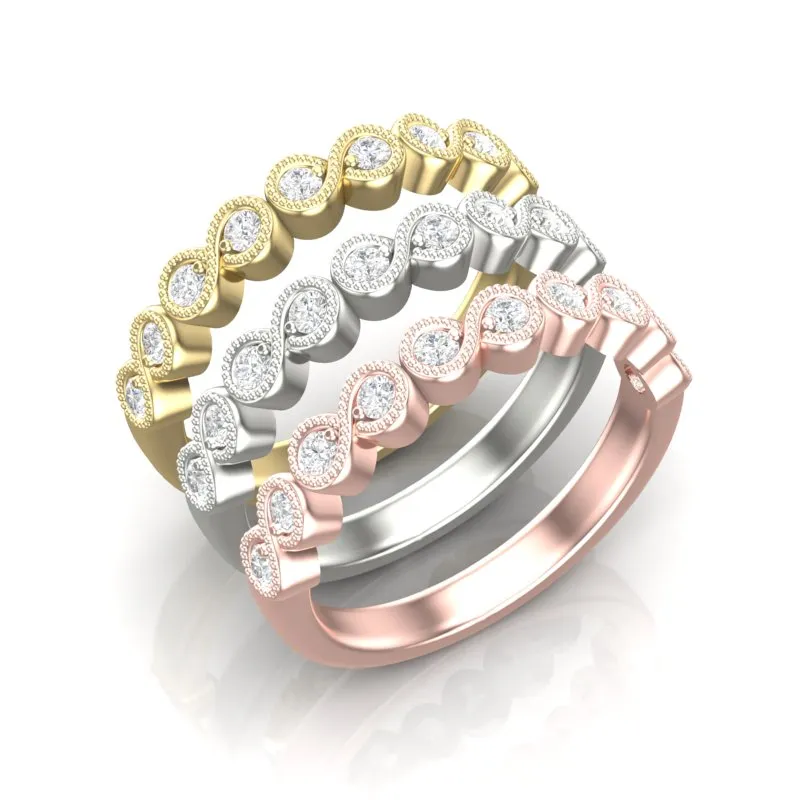 14k Gold Migrain Bezel Infinity Diamond Wedding Band Stackable Ring