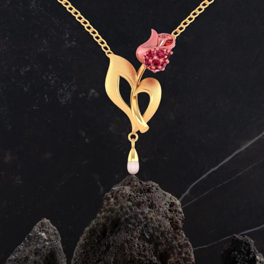 14k Gold Necklace With A Yellow Flower Design And A Pearl Accent