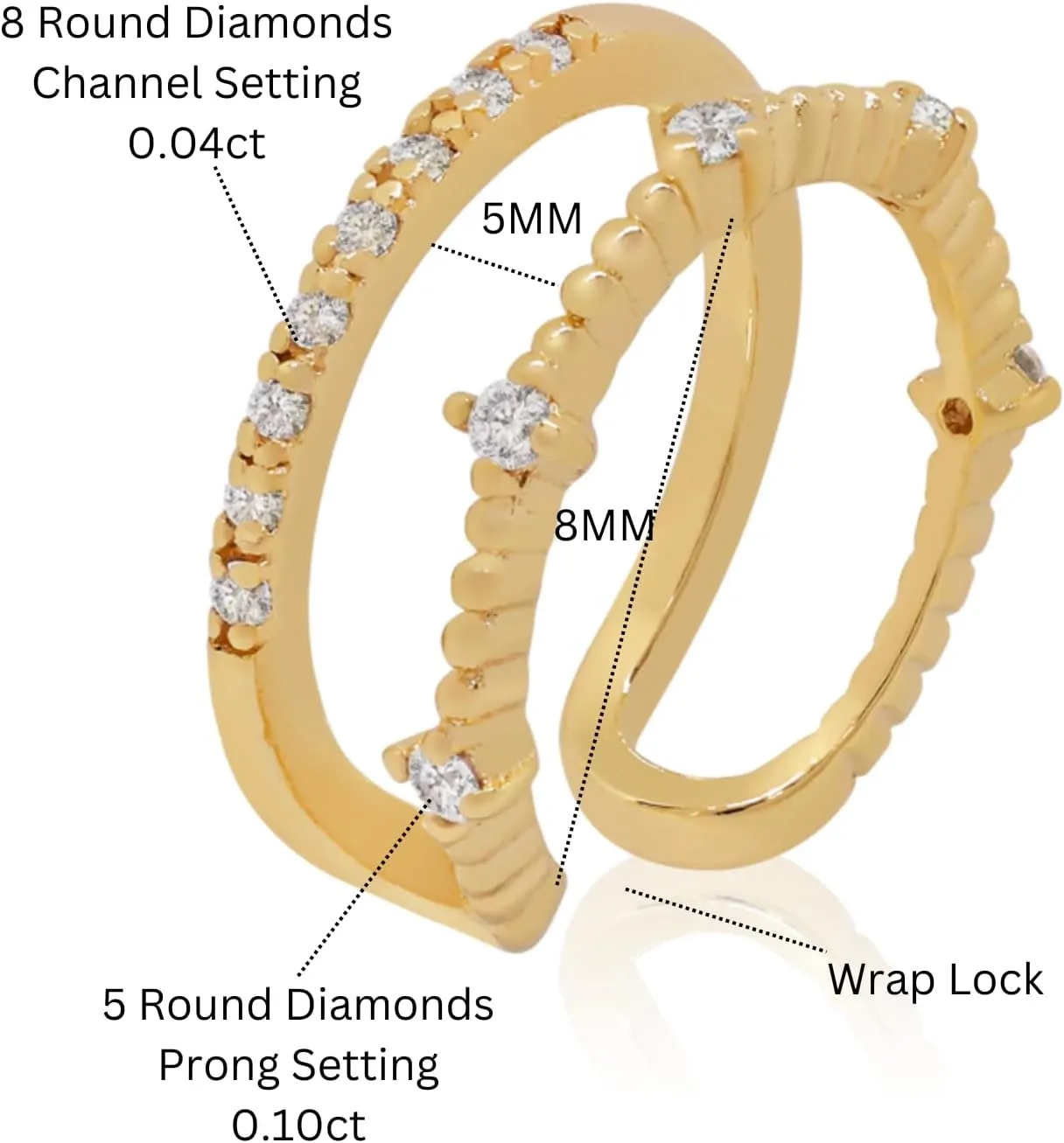 14k Solid Gold Genuine Diamond (0.14ct) Ear Cuff, Two Hoop Piercings, No piercing Wrap Diamond Cuff, Minimalist Double Row Piercing, Gift For Her.