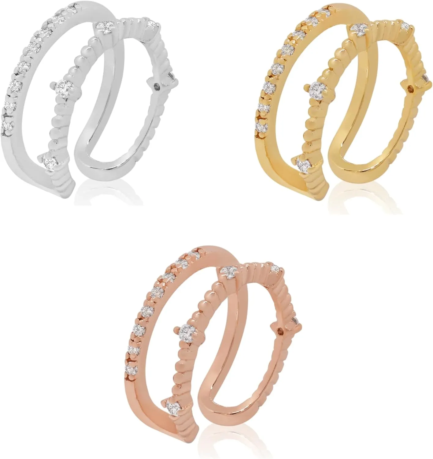 14k Solid Gold Genuine Diamond (0.14ct) Ear Cuff, Two Hoop Piercings, No piercing Wrap Diamond Cuff, Minimalist Double Row Piercing, Gift For Her.
