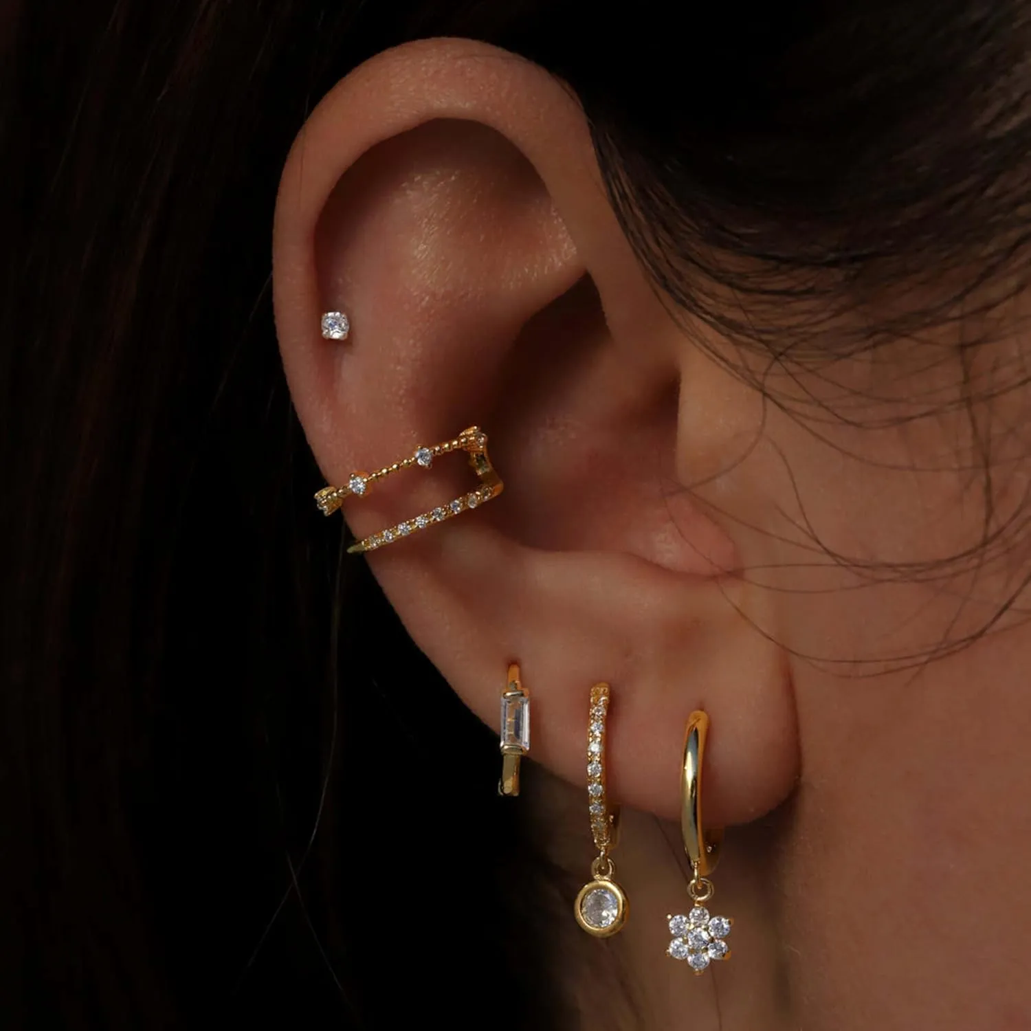 14k Solid Gold Genuine Diamond (0.14ct) Ear Cuff, Two Hoop Piercings, No piercing Wrap Diamond Cuff, Minimalist Double Row Piercing, Gift For Her.