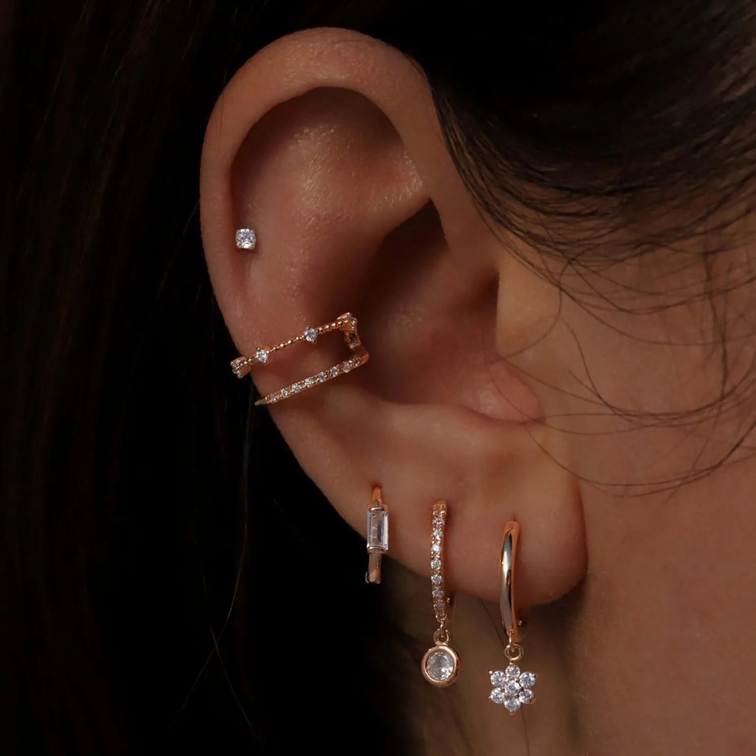 14k Solid Gold Genuine Diamond (0.14ct) Ear Cuff, Two Hoop Piercings, No piercing Wrap Diamond Cuff, Minimalist Double Row Piercing, Gift For Her.