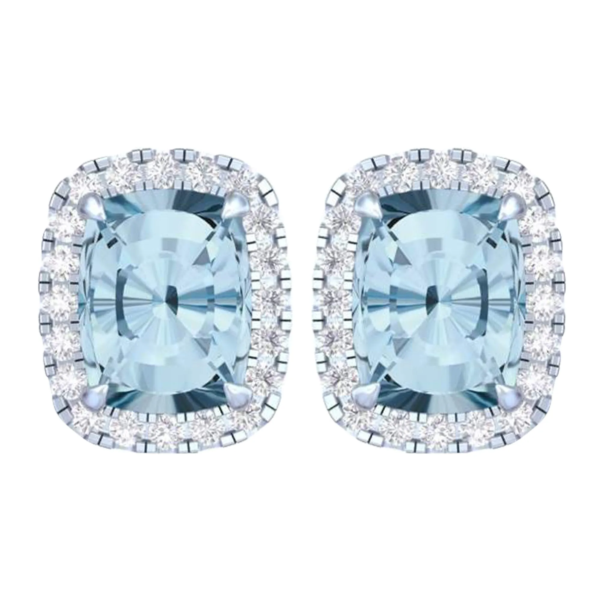 14k White Gold Vivid Blue Cushion Cut 5.60 Ct Lab-Grown Diamond Halo Stud Earrings