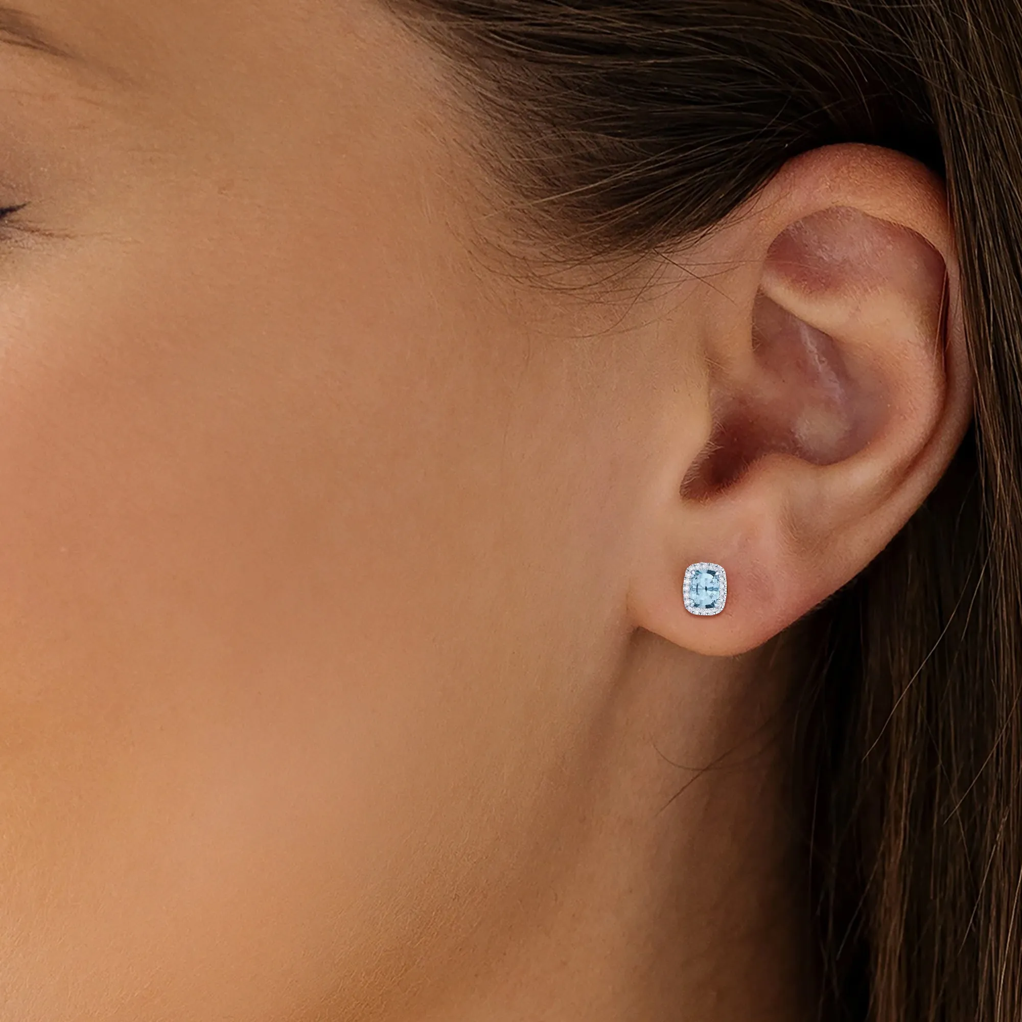 14k White Gold Vivid Blue Cushion Cut 5.60 Ct Lab-Grown Diamond Halo Stud Earrings