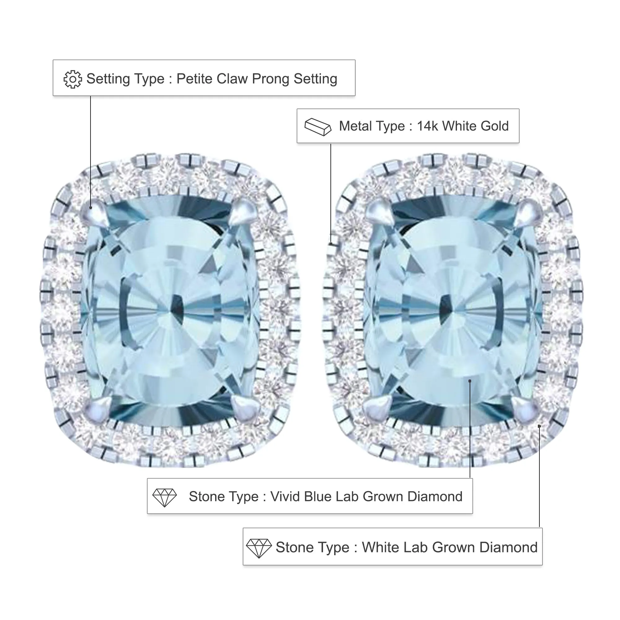 14k White Gold Vivid Blue Cushion Cut 5.60 Ct Lab-Grown Diamond Halo Stud Earrings