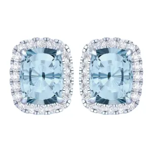 14k White Gold Vivid Blue Cushion Cut 5.60 Ct Lab-Grown Diamond Halo Stud Earrings