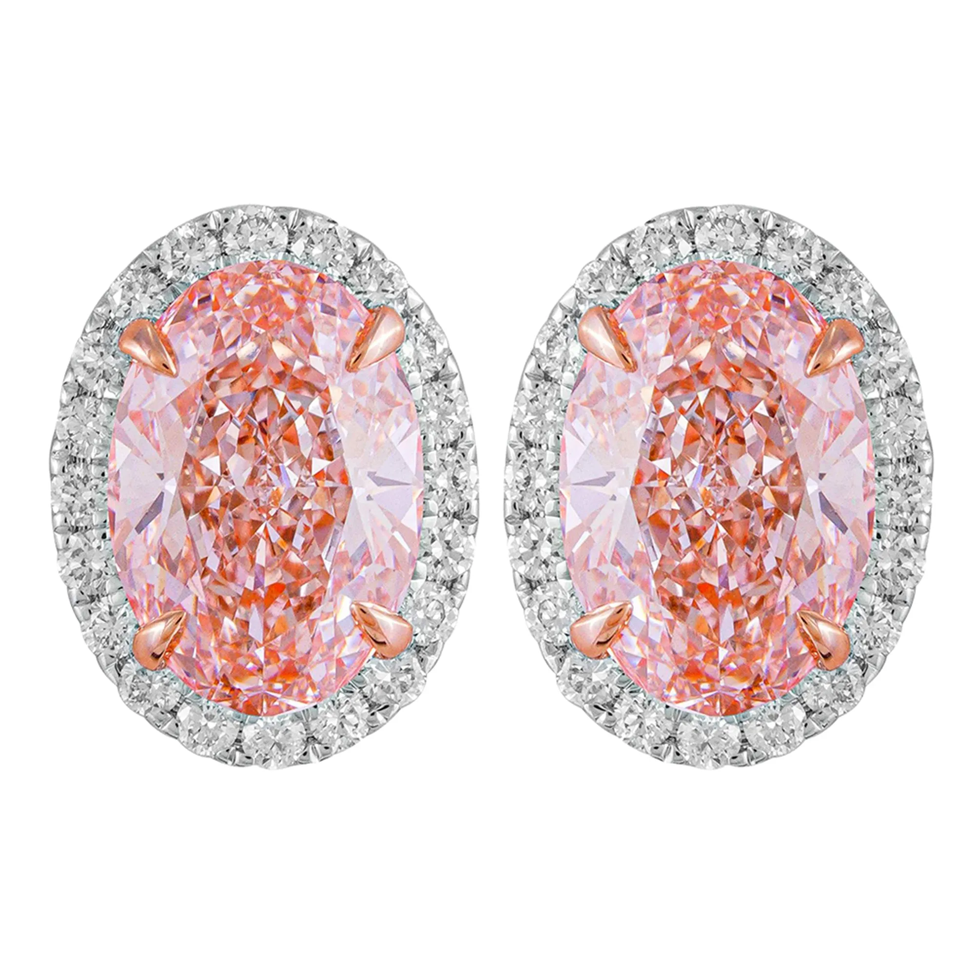 14k White Gold Vivid Pink Oval Cut 3.5 Ct Lab-Grown Diamond Halo Stud Earrings