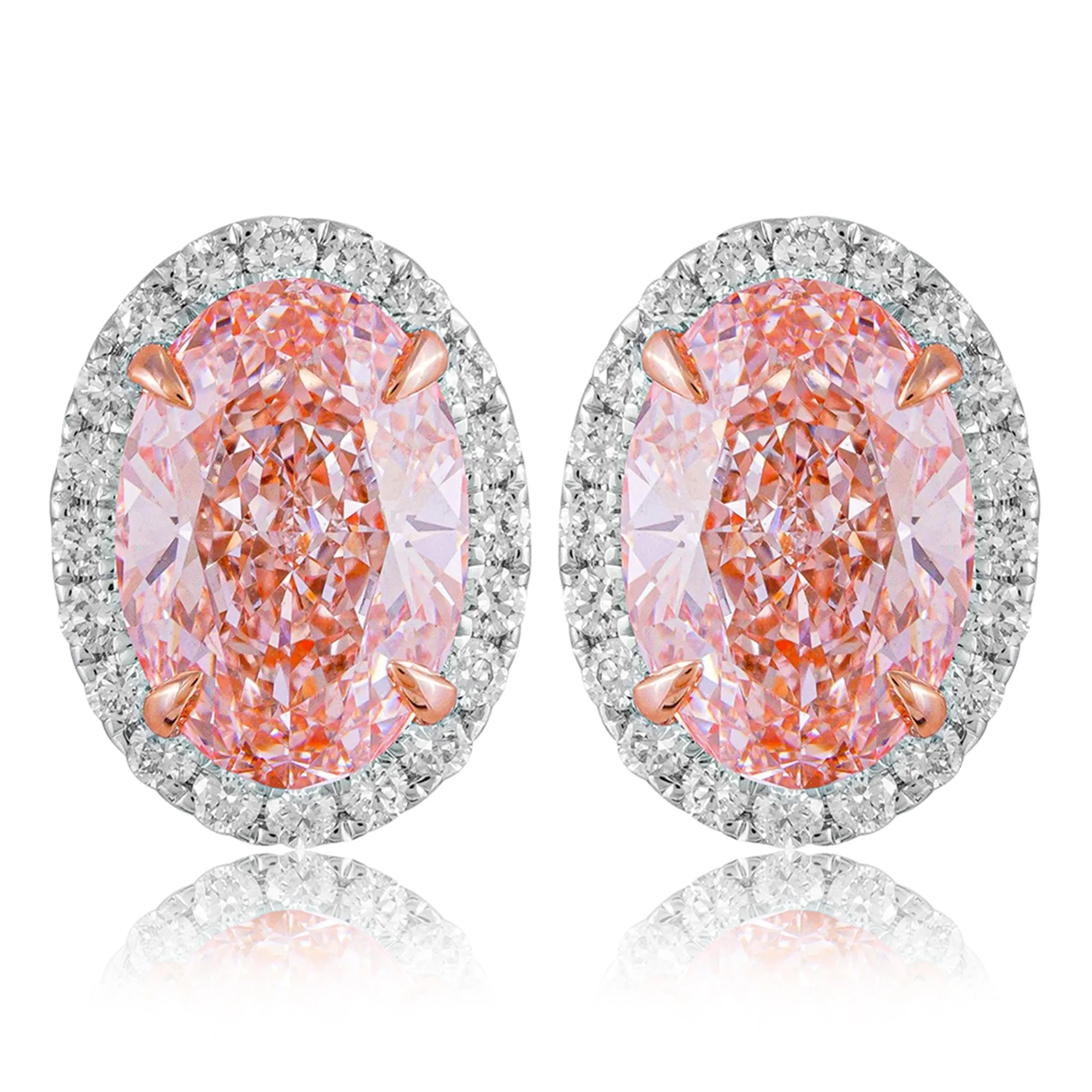 14k White Gold Vivid Pink Oval Cut 3.5 Ct Lab-Grown Diamond Halo Stud Earrings