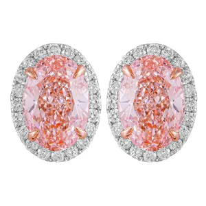 14k White Gold Vivid Pink Oval Cut 3.5 Ct Lab-Grown Diamond Halo Stud Earrings