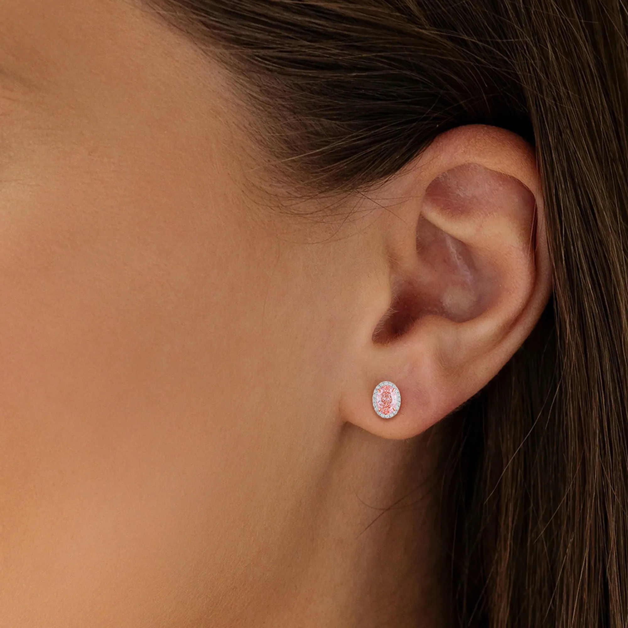 14k White Gold Vivid Pink Oval Cut 3.5 Ct Lab-Grown Diamond Halo Stud Earrings