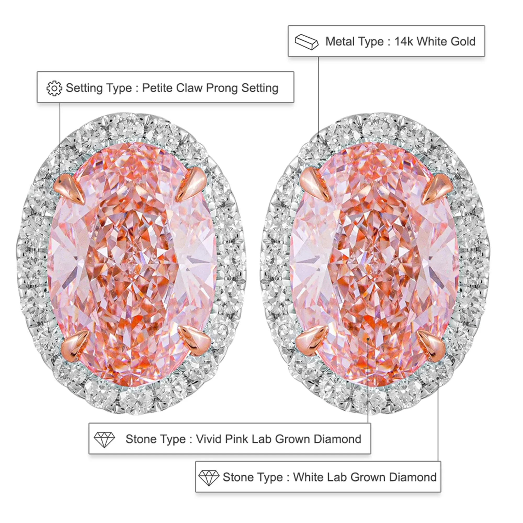 14k White Gold Vivid Pink Oval Cut 3.5 Ct Lab-Grown Diamond Halo Stud Earrings