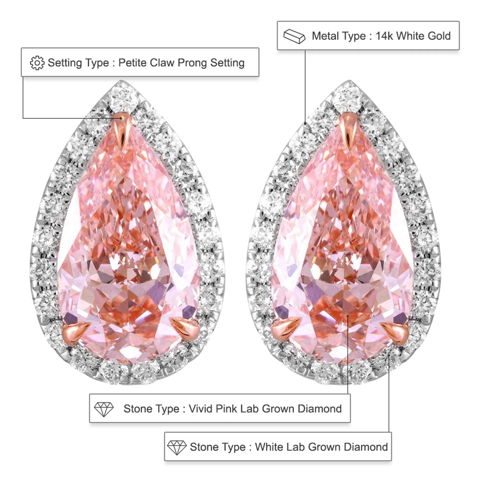 14k White Gold Vivid Pink Pear Cut 4.8 Ct Lab-Grown Diamond Halo Stud Earrings
