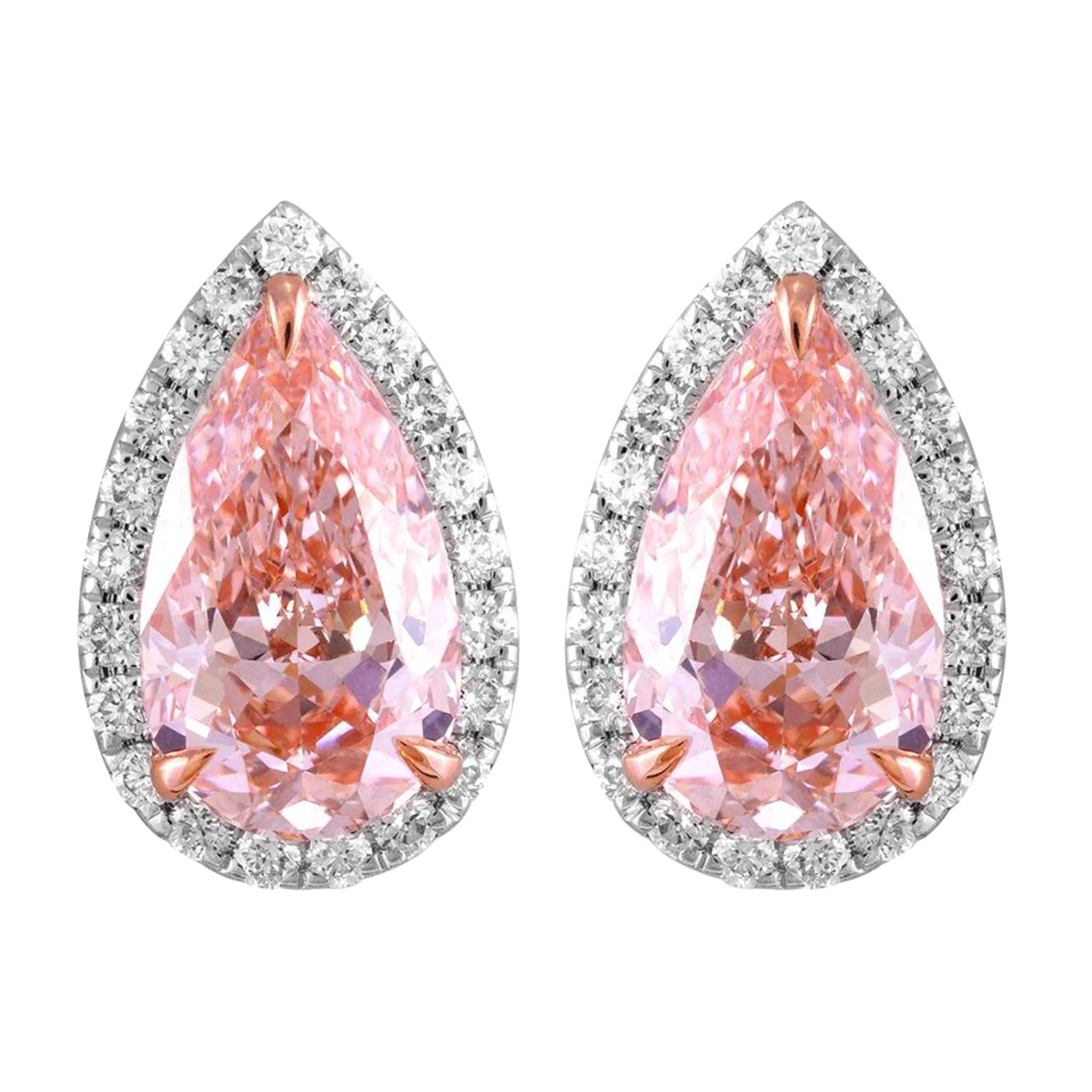 14k White Gold Vivid Pink Pear Cut 4.8 Ct Lab-Grown Diamond Halo Stud Earrings