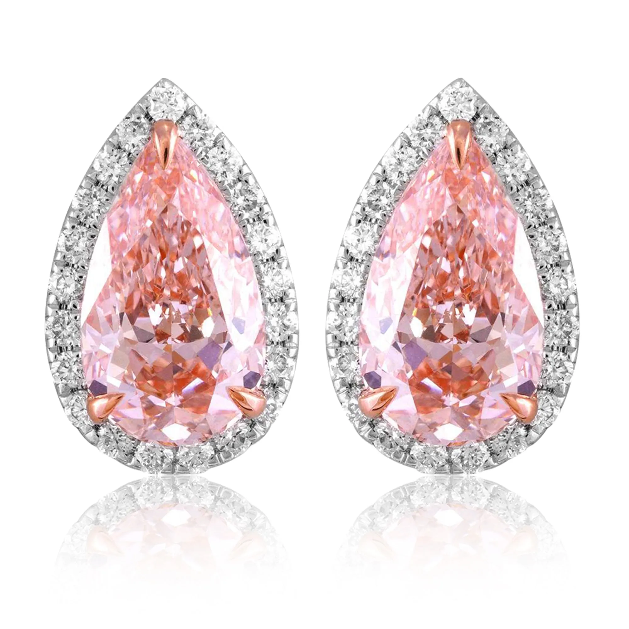 14k White Gold Vivid Pink Pear Cut 4.8 Ct Lab-Grown Diamond Halo Stud Earrings