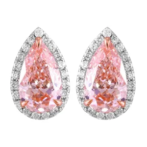 14k White Gold Vivid Pink Pear Cut 4.8 Ct Lab-Grown Diamond Halo Stud Earrings