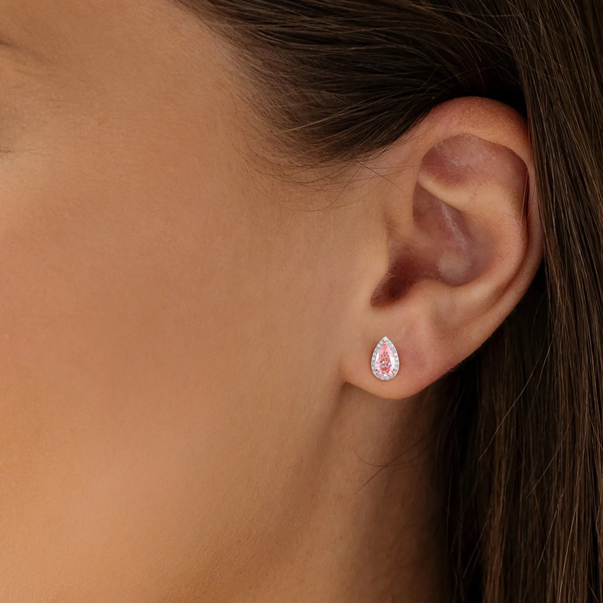 14k White Gold Vivid Pink Pear Cut 4.8 Ct Lab-Grown Diamond Halo Stud Earrings