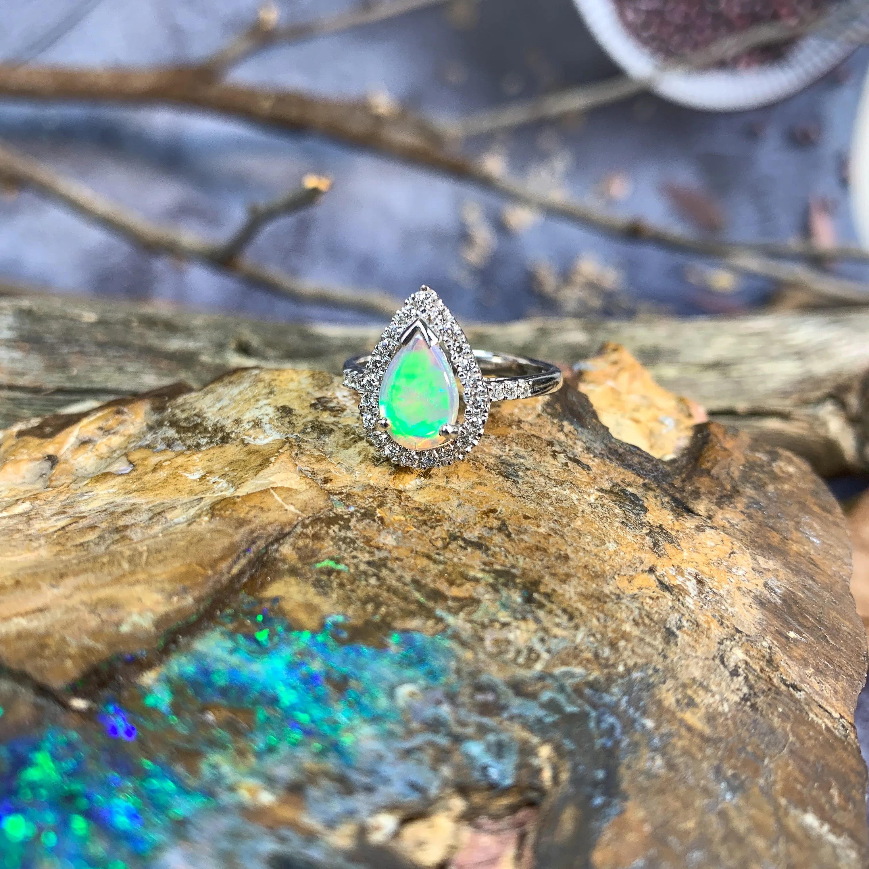 18kt White Gold Pear shape Opal and Diamond ring