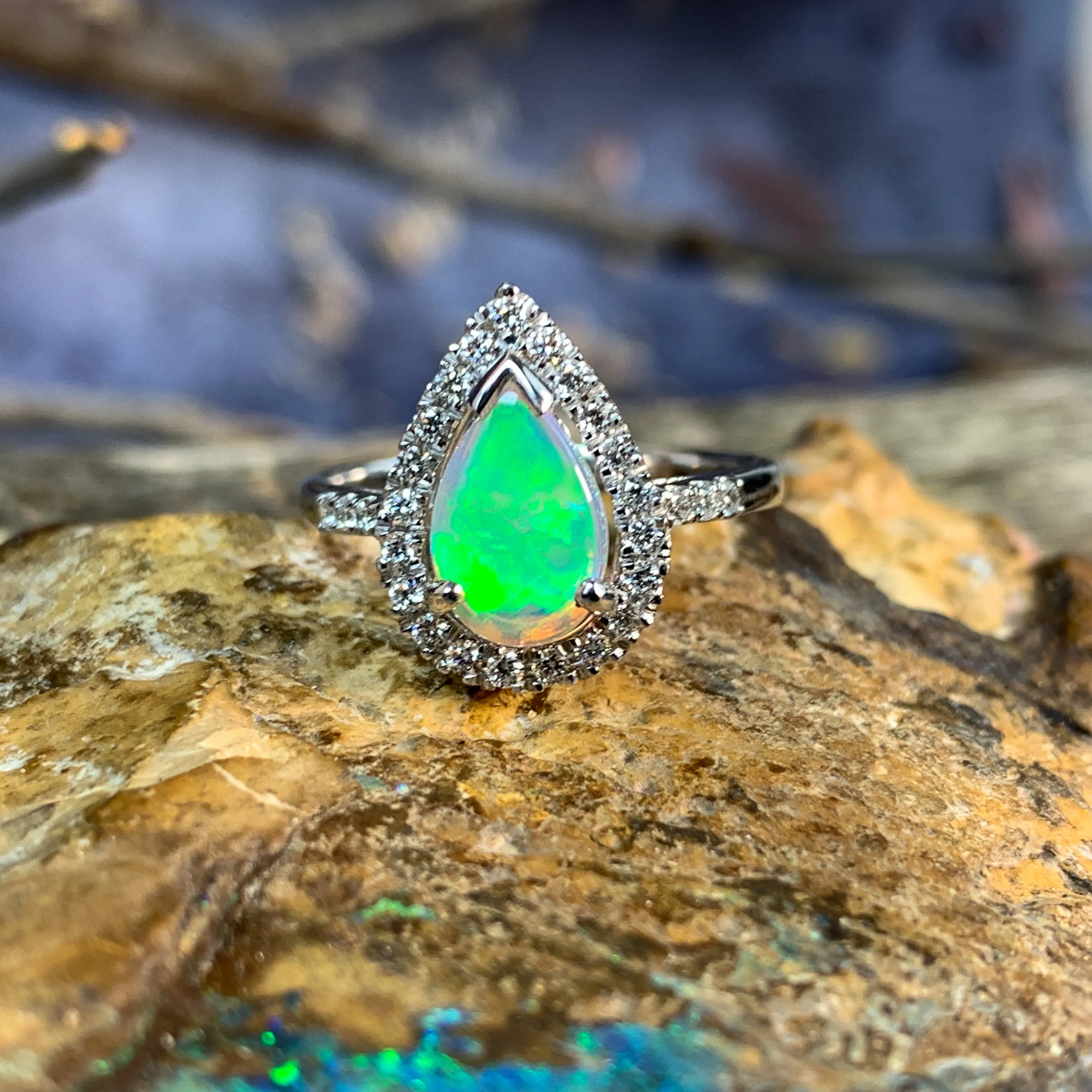 18kt White Gold Pear shape Opal and Diamond ring