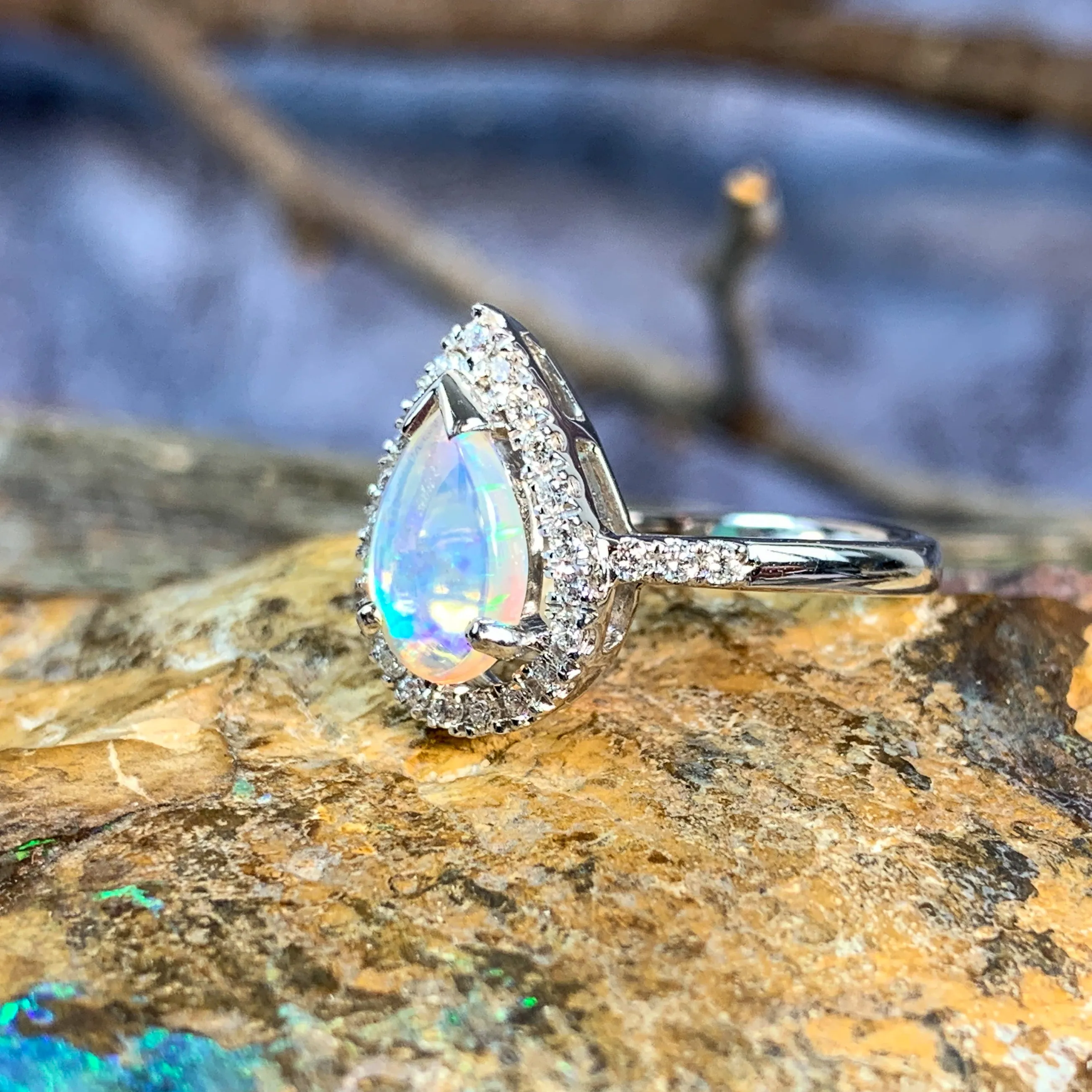 18kt White Gold Pear shape Opal and Diamond ring