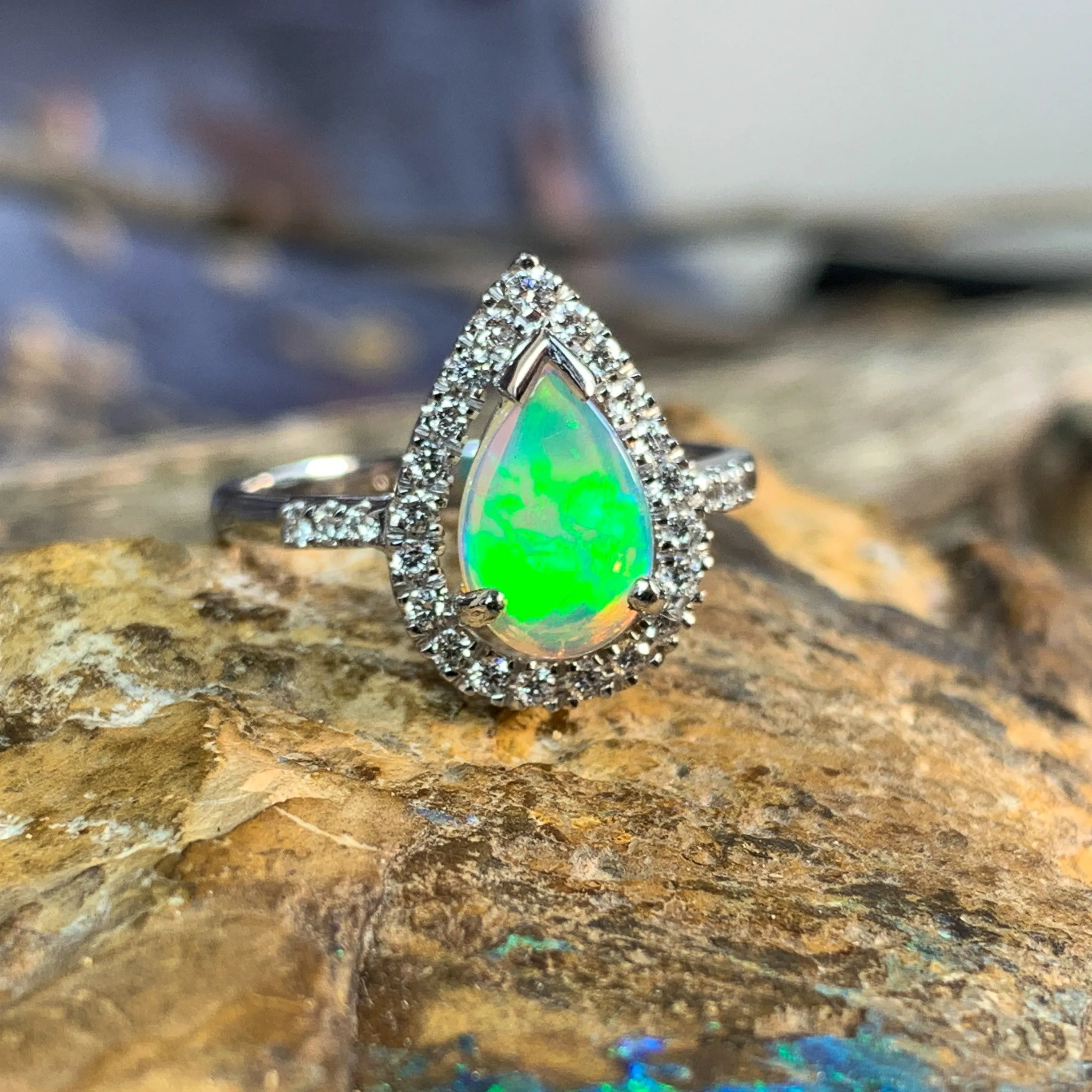 18kt White Gold Pear shape Opal and Diamond ring
