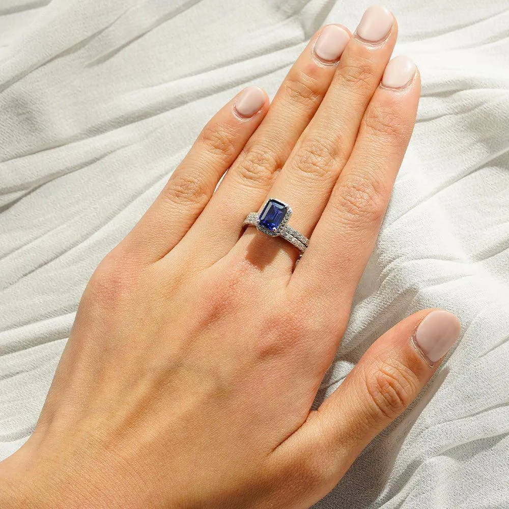 2 CT. Emerald Cut Lab Grown Sapphire Ring Bridal Set In Sterling Silver