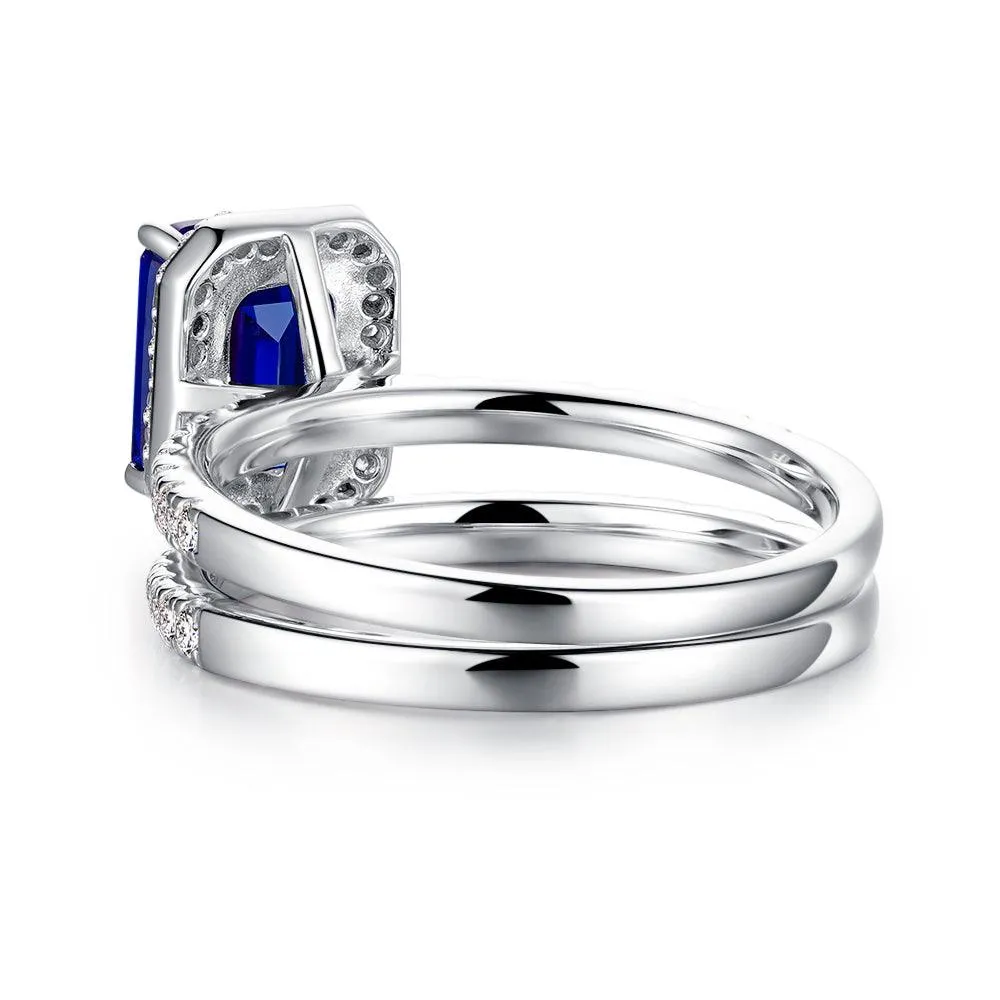 2 CT. Emerald Cut Lab Grown Sapphire Ring Bridal Set In Sterling Silver