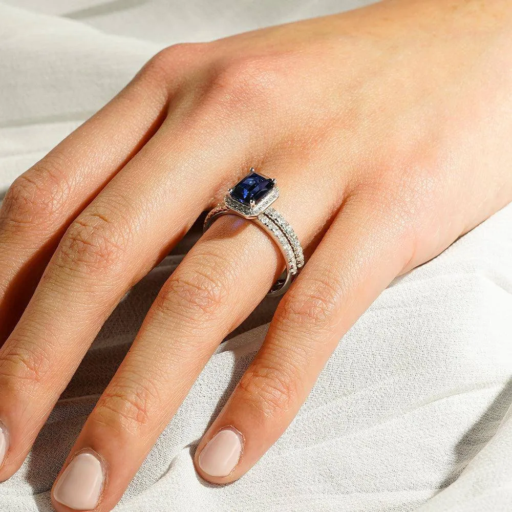 2 CT. Emerald Cut Lab Grown Sapphire Ring Bridal Set In Sterling Silver