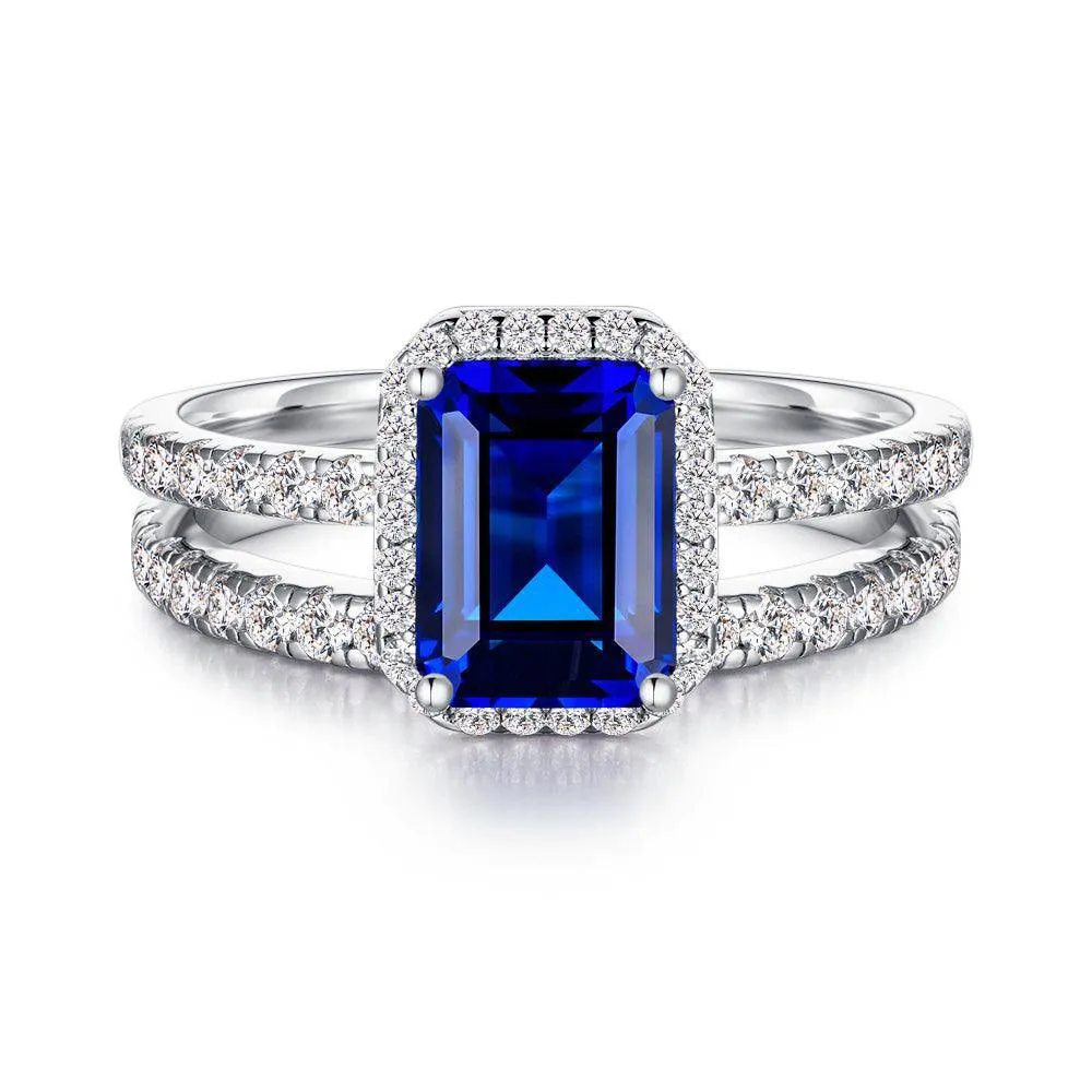 2 CT. Emerald Cut Lab Grown Sapphire Ring Bridal Set In Sterling Silver