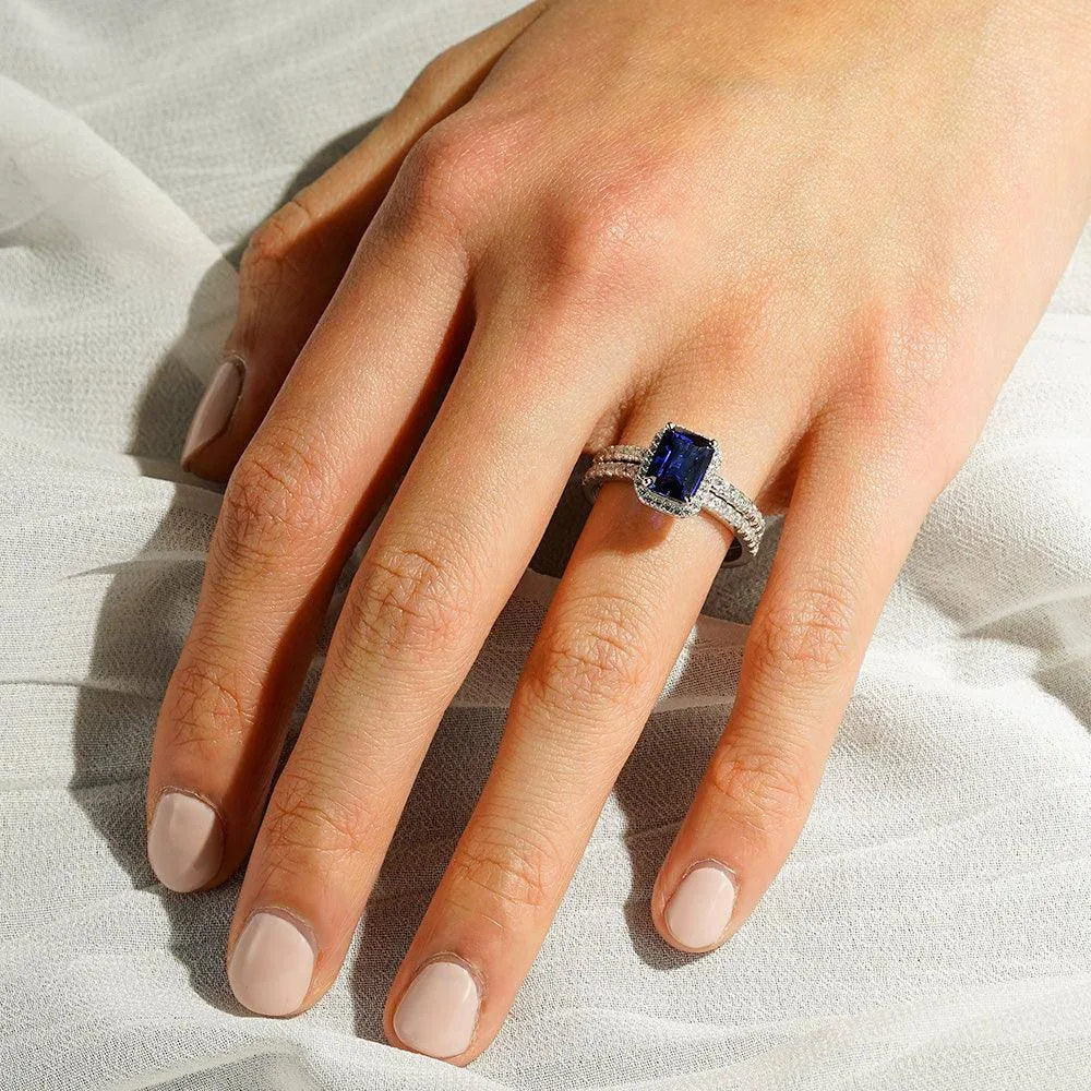 2 CT. Emerald Cut Lab Grown Sapphire Ring Bridal Set In Sterling Silver