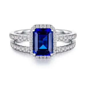 2 CT. Emerald Cut Lab Grown Sapphire Ring Bridal Set In Sterling Silver