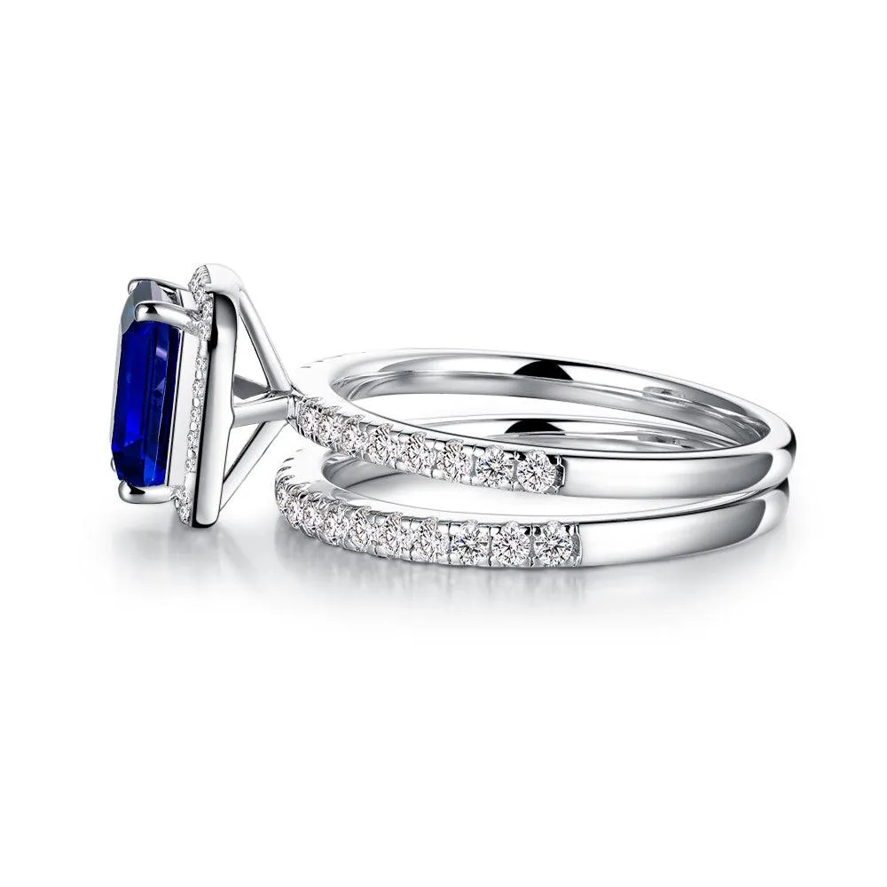 2 CT. Emerald Cut Lab Grown Sapphire Ring Bridal Set In Sterling Silver