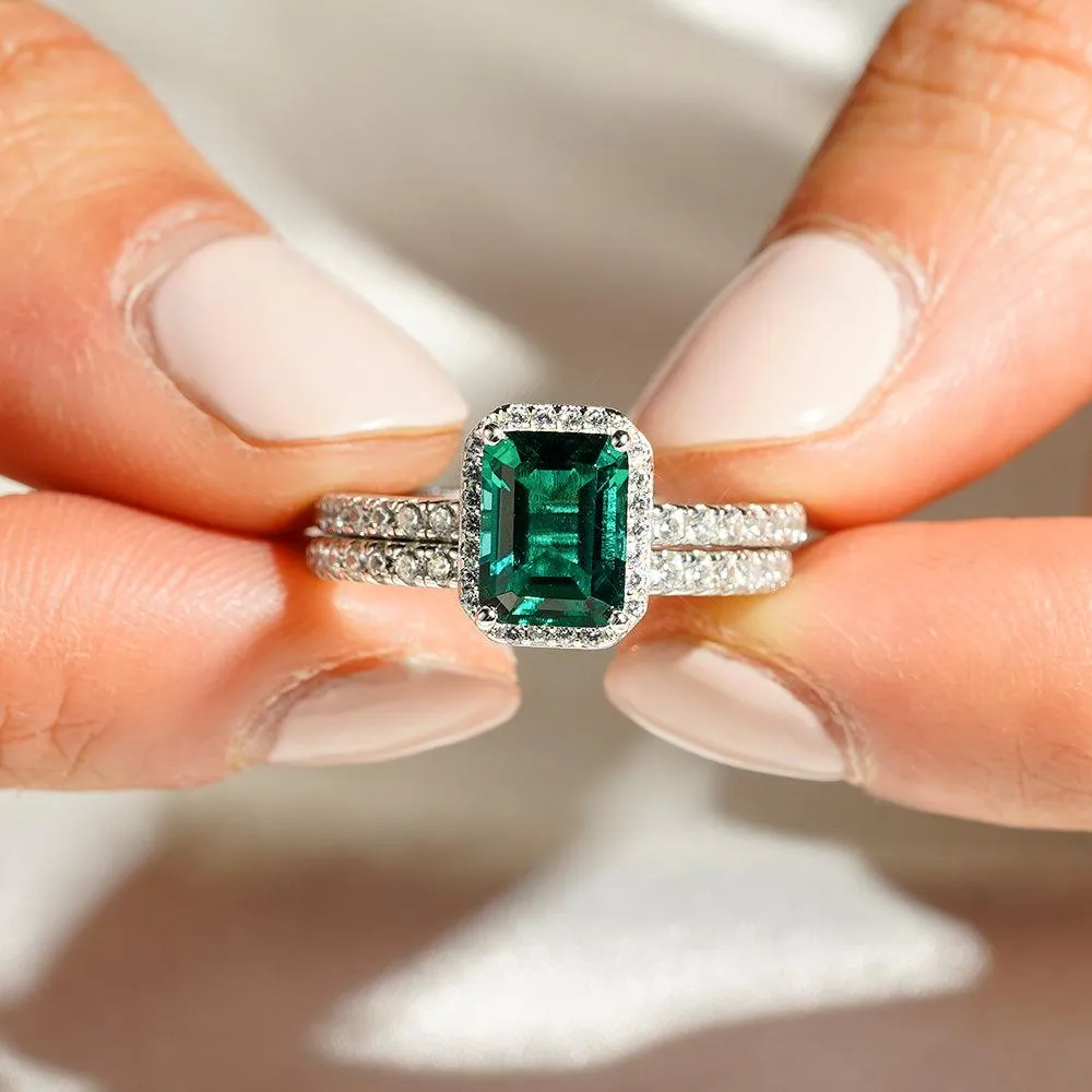 2 CT. Lab Grown Emerald Ring Bridal Set In Sterling Silver