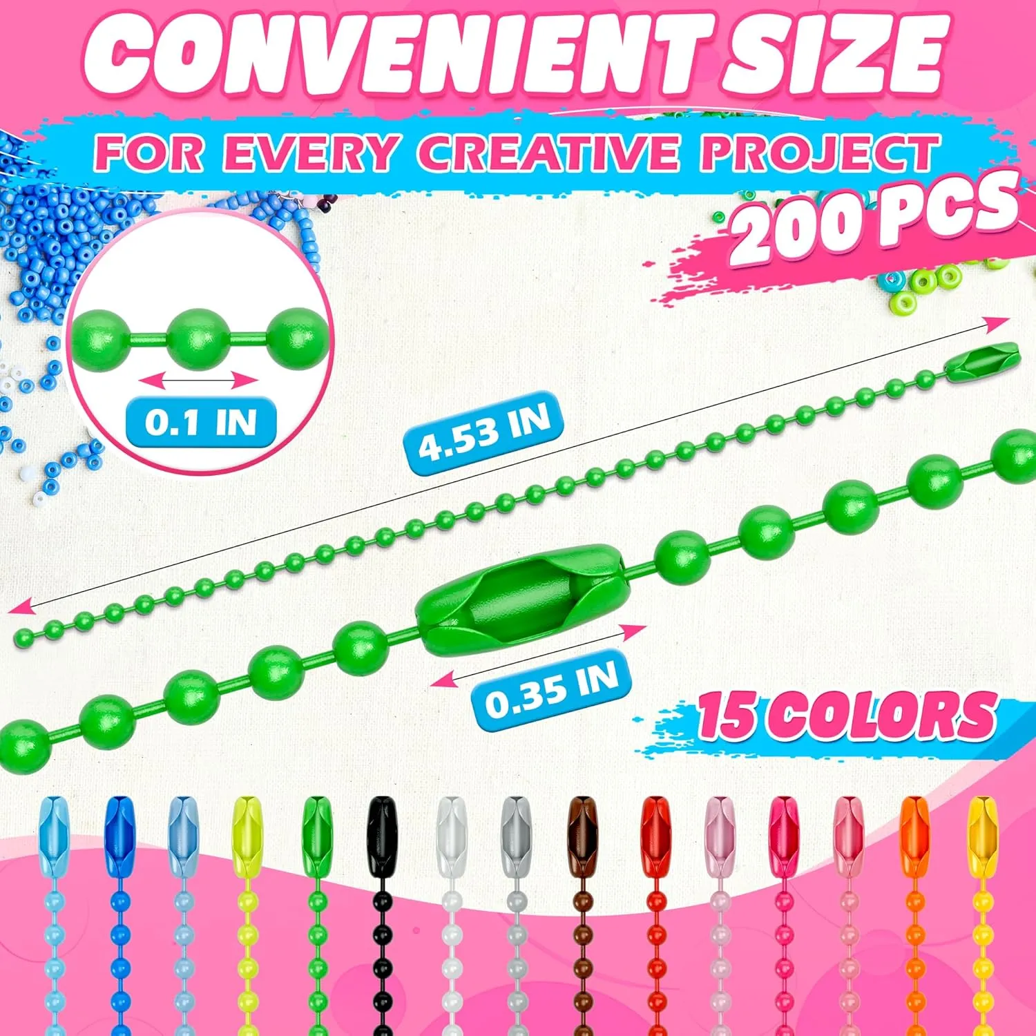 200 Pcs Ball Bead Chain Keychain Set - Bead Keychain Chain Ball Chain Keychain Beads Ball Chain Necklace Ball Keychain Beaded Key Chain Chain - Dog Tag Chain for Keychain Beaded Keychain for Crafts