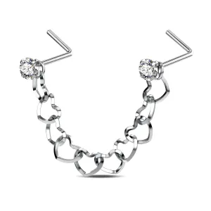 20G CZ Top Heart Shape Chain Nose Piercing Stud