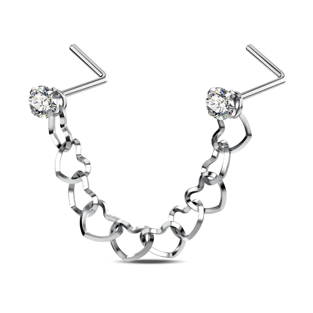 20G CZ Top Heart Shape Chain Nose Piercing Stud