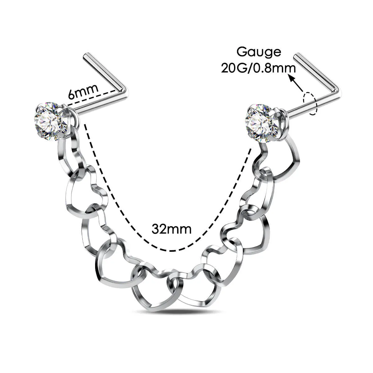 20G CZ Top Heart Shape Chain Nose Piercing Stud