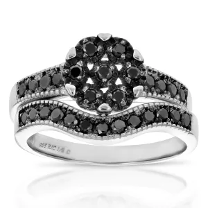 2/3 cttw Black Diamond Flower Composite Bridal Ring Set Silver