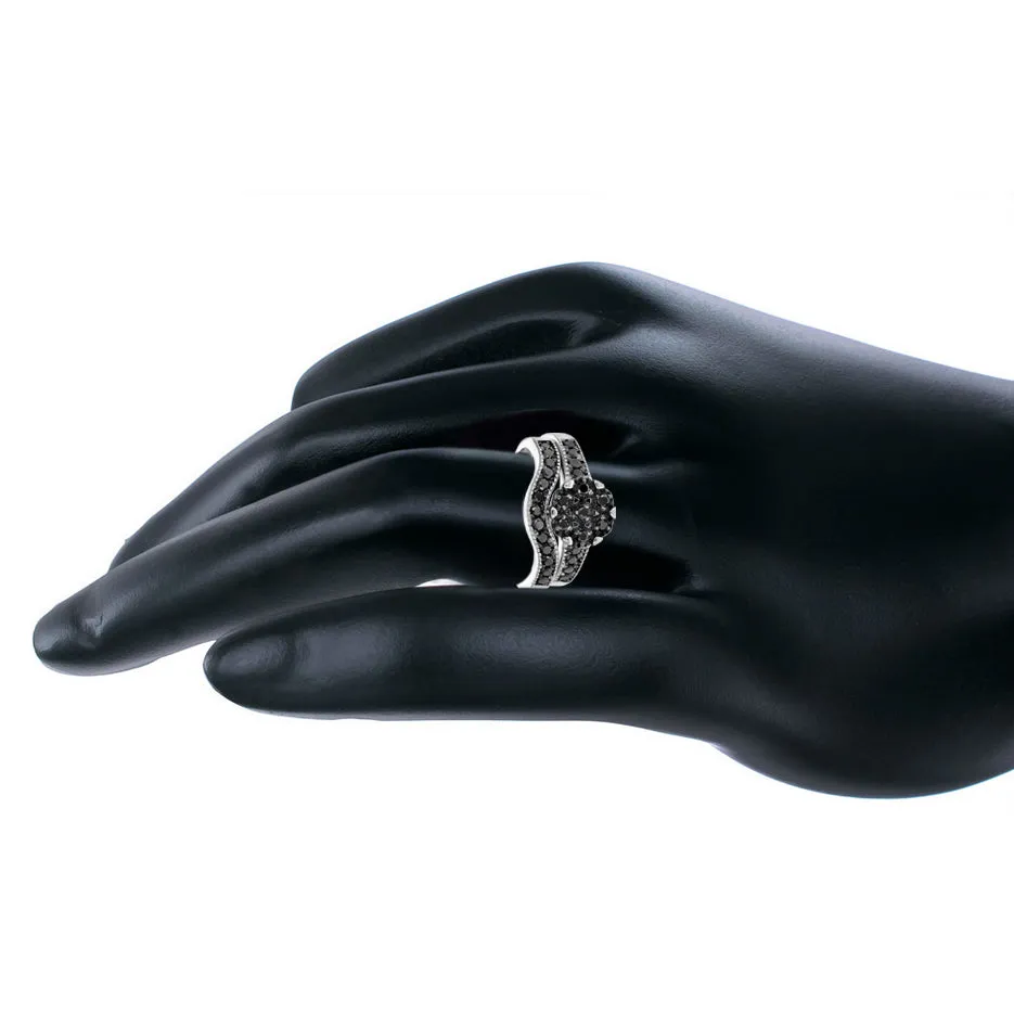2/3 cttw Black Diamond Flower Composite Bridal Ring Set Silver
