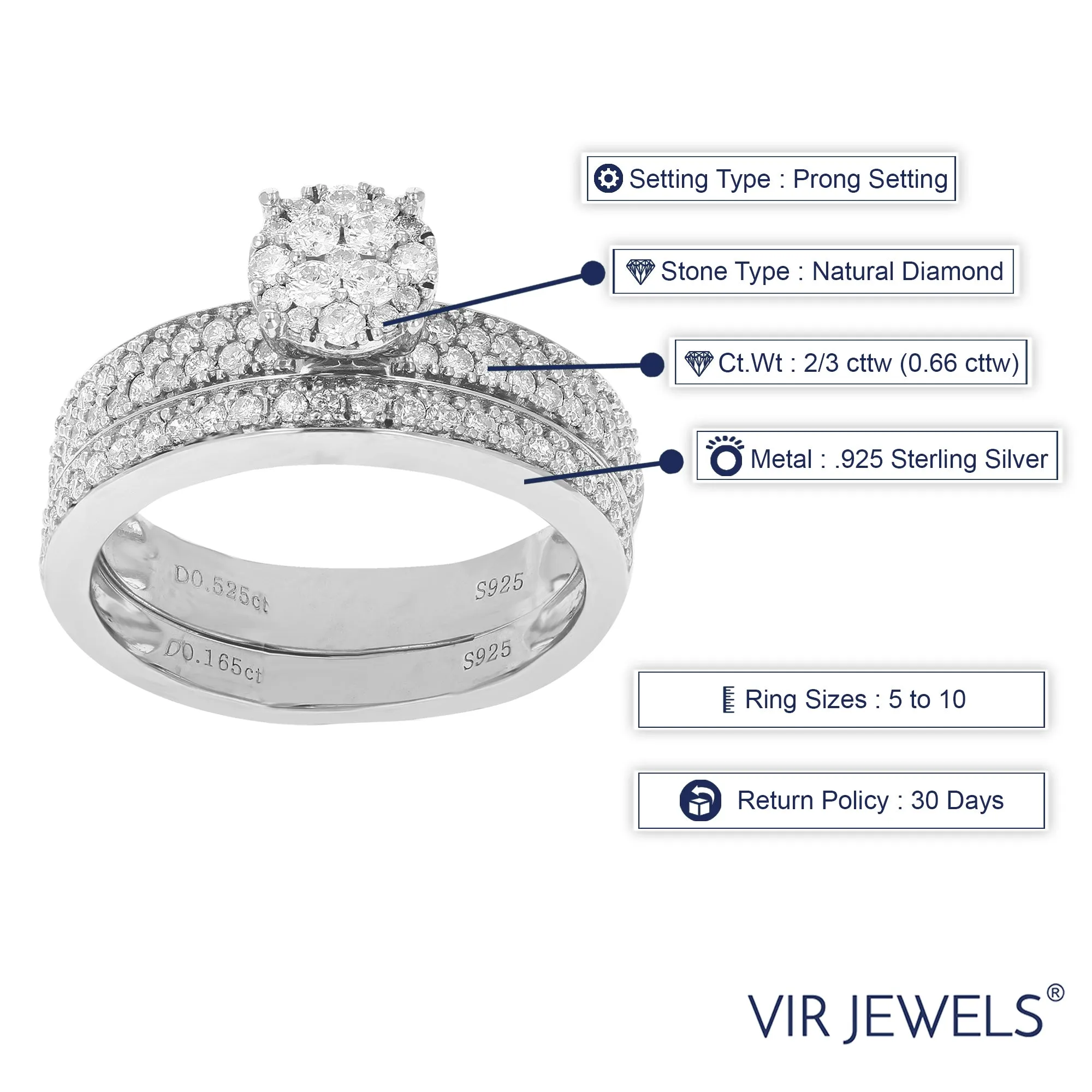 2/3 cttw Diamond Solitaire Wedding Ring Set in Sterling Silver