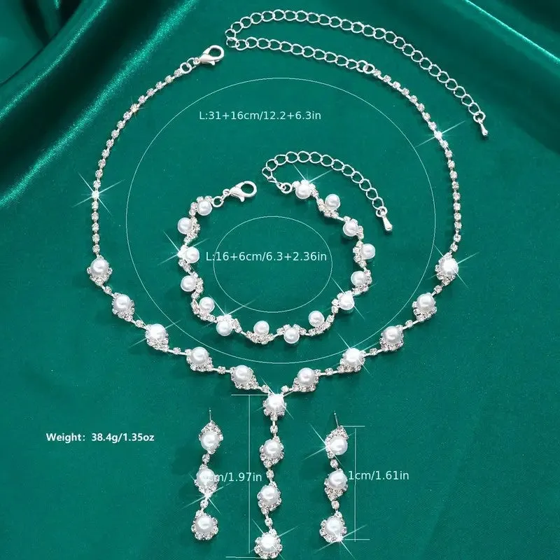 4pcs SILVER Jewelry Set l Rhinestone Pearls Earrings l Necklace l Bracelet l Prom l Wedding JS-910