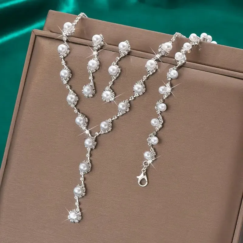4pcs SILVER Jewelry Set l Rhinestone Pearls Earrings l Necklace l Bracelet l Prom l Wedding JS-910