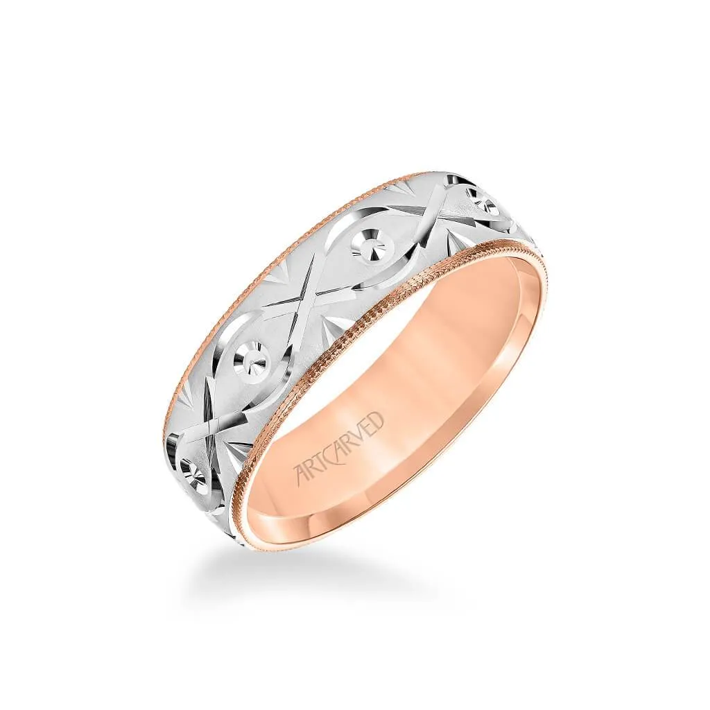 7MM Men's Wedding Band - Brush Milgrain Finish with Swiss Cut Infinity Design and Coin Edge