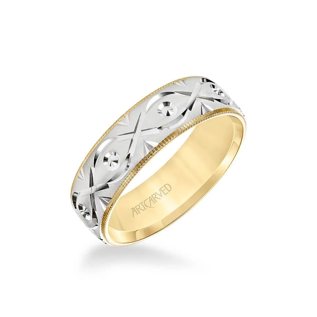 7MM Men's Wedding Band - Brush Milgrain Finish with Swiss Cut Infinity Design and Coin Edge