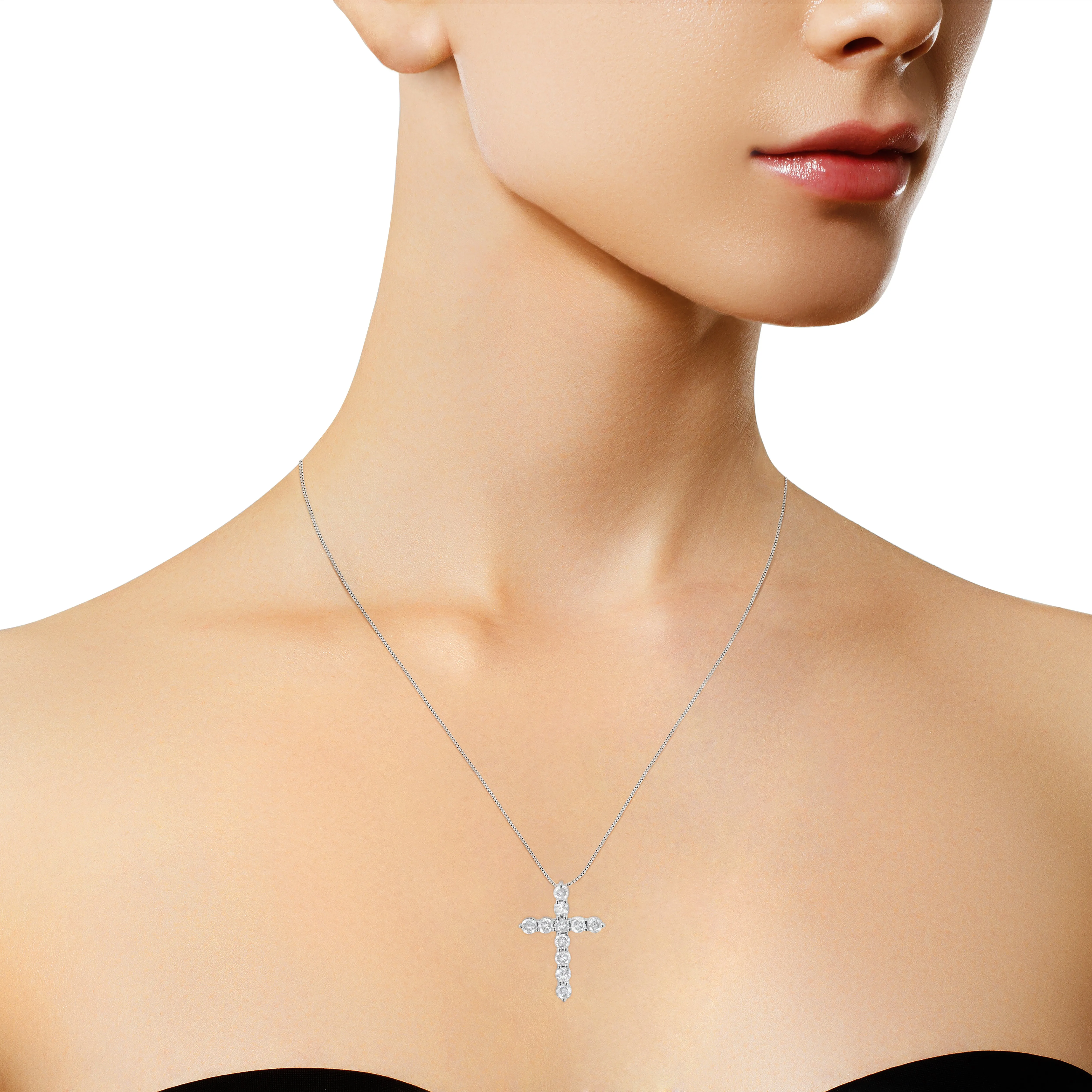 .925 Sterling Silver 1.0 Cttw Prong Set Round-Cut Diamond Cross 18" Pendant Necklace